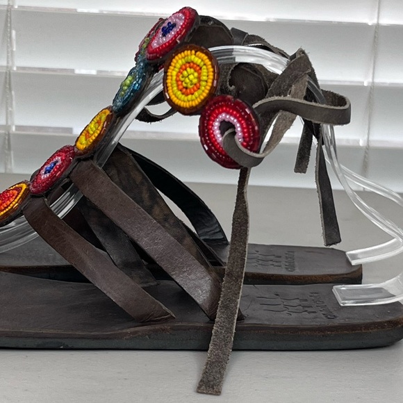Global Girls Boho Leather Hand-Made Colorful Beaded Sz 37 Thong Sandals - Picture 9 of 14